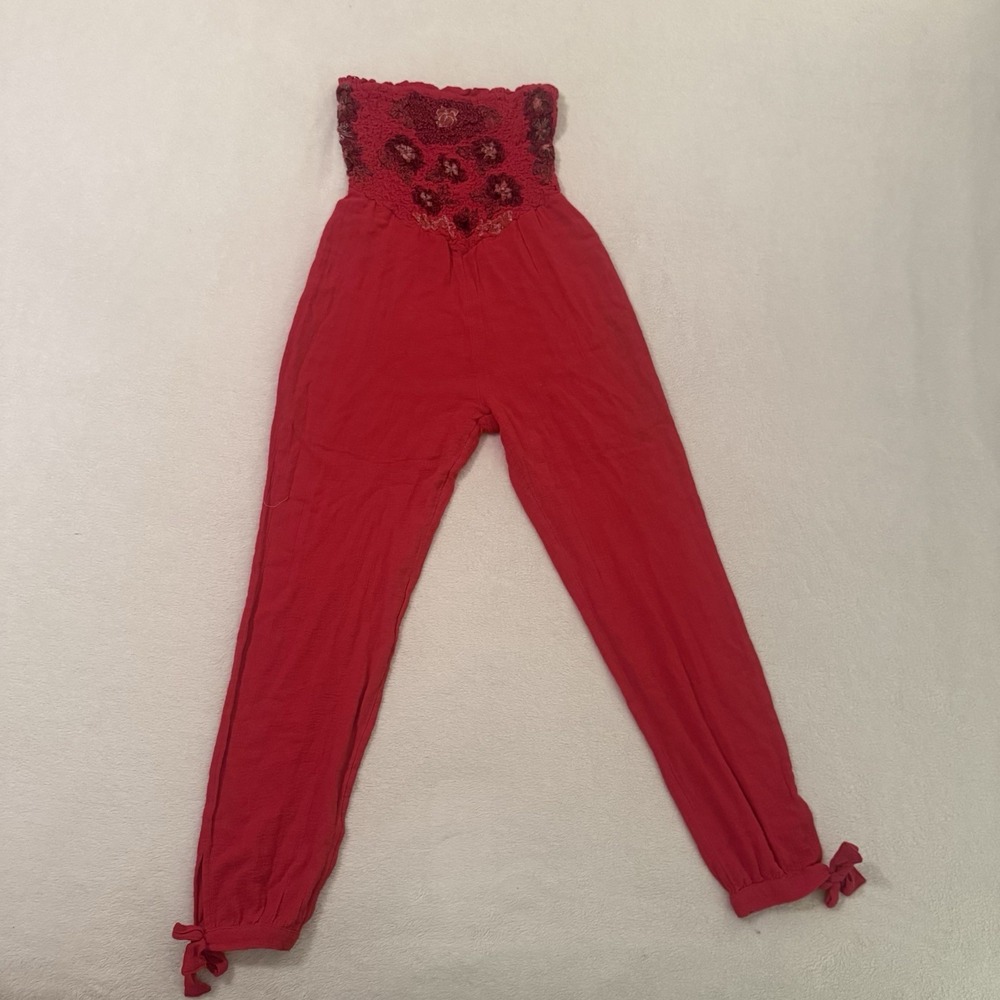 Free People Karan Strapless Smocked Floral Red Jumpsuit Size XS Boho Festival - Picture 9 of 15